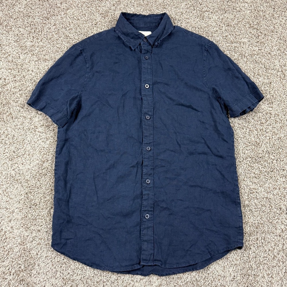 Thom Aaron Shirt Mens Small Blue 100% Linen Short Sleeve Button Up Casual